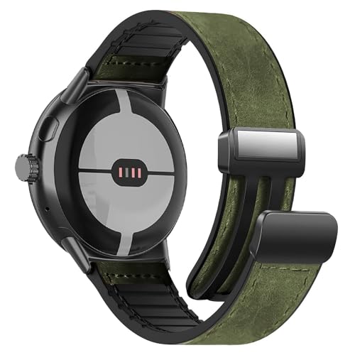 EVPLNT Magnetic Leather Watch Band Compatible with Google Pixel Watch/Pixel Watch 2 41mm (2022/2023), Genuine Leather with Magnetic Buckle Strap (Green)