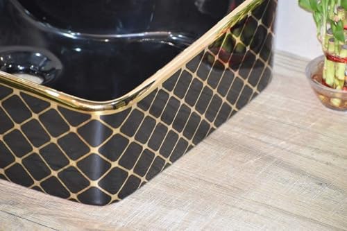 Image of BASSINO 19x15x5 Inches Ceramic Counter Top Wash Basin /Black & Gold Basin for Bathroom /Modern Design /Rectangular Shape Tabletop Washbasin for Restaurant /Dining Hall /Living Room /Home(Glossy)
