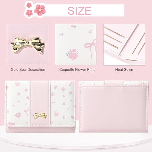 Small Wallet Floral Coquette Bow Wallet Cute Wallet ID 7 Credit Card Slots for Women Girls (PINK)4
