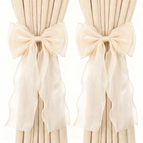 Image of 2 Pack Bow Curtain Tiebacks, Beige Curtain Tie Backs Holdbacks French Silk Bow Room Decor, Elegant Decorative Curtains Strap for Home Bedroom Offices Dining Rooms Wedding Party Décor (Beige)