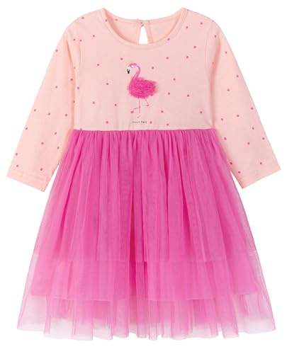 FreeLu Girls Cotton Casual Longsleeve Party Dresses Special Occasion Cartoon Print Dress 2-7Y(7T Dots Flamingo)