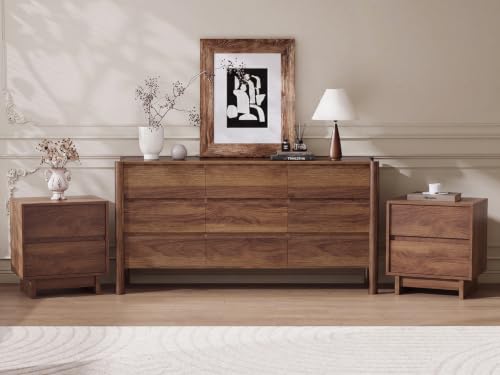 CHUWELL 3-Piece Bedroom Dresser Set-9 Drawer Dresser & 2 Nightstands 63 Wide Walnut Dresser and Night Stands with Solid Wood Cylindrical Legs Rustic Wooden Storage for Bedroom