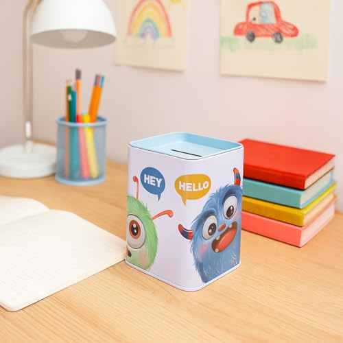 Image of Market99 Square Money Bank | Multi-Color Tin Coin Bank with Glossy Finish & Animal Face Print | Cute & Durable Piggy Bank for Kids & Adults | Ideal for Coin Saving at Home, Desk & Gifting Use