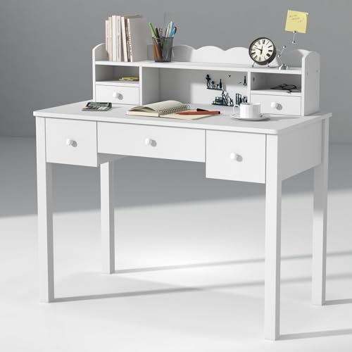 FUNKOCO Writing Desk with Hutch 40 Small White Desk for Girls 5 Drawers | Modern Student Desk for Study Teen Desk for Bedroom Home Office Ideal for Gift product thumbnail 2
