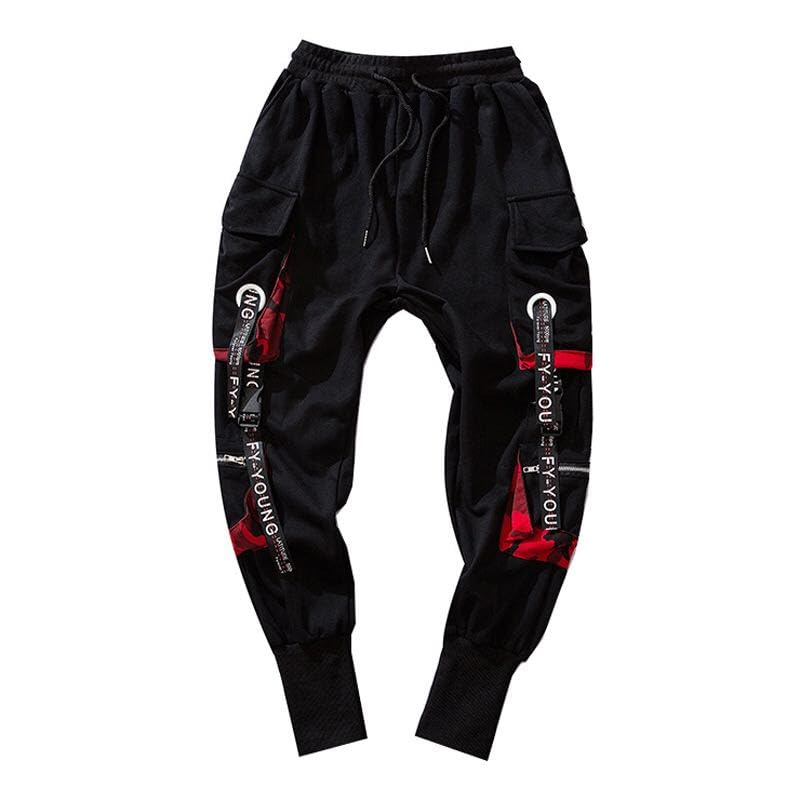 Pantalon cargo pour homme noir à rubans lettrés style casual - 7