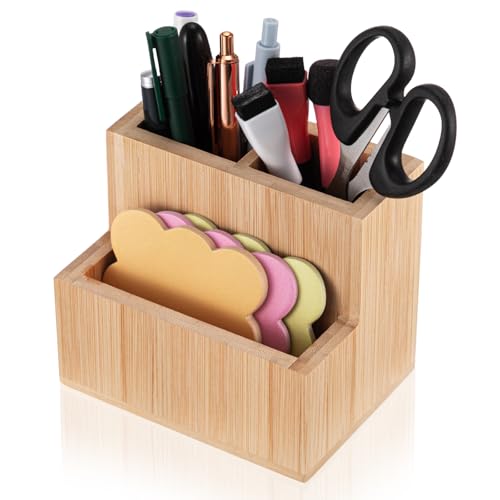 Maitys Bamboo Wood Pen Holder for Desk Wooden Pencil Remote Control Organizer with 3 Compartments Small Desk Accessories for Workspace Home Office Classroom Bathroom