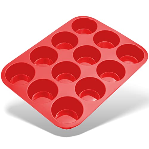 Belmalia Molde para Magdalenas, Silicona, 33 x 25 x 3 cm, 12 Panecillos, Recubrimiento Antiadherente, Cupcake Brownie Budín Latta de Mollete Muffin Bandeja para Hornear Panecillos Rojo