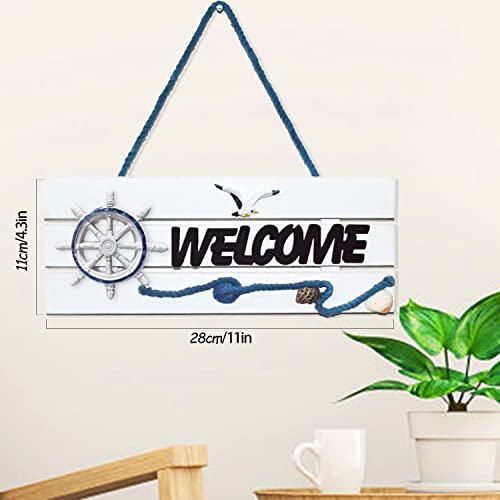 Nautical Welcome Sign Wall Decor Beach Door Hanging Wall Art Mediterranean Retro Plaque with Boat Rudder Seagull Ornament 11 x 4.3" Coastal Themed Decorative for Bathroom Living room Home Decoration - Image 4