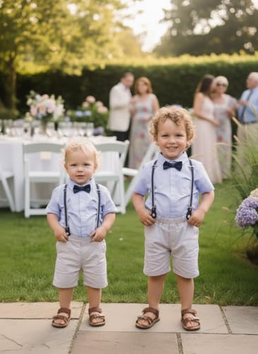 Image of Volunboy Baby Boy Formal Short Set Toddler Summer Gentleman Outfit Kid Short Sleeve Bowtie Shirt Suspender Shorts Suit