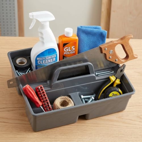 Image of AIR O MATIC Handy Caddy Tool Bucket (Grey) Multipurpose Grey Plastic Storage Caddy for Cleaning, Gardening, Crafting, Kitchen, Office, and Car Use