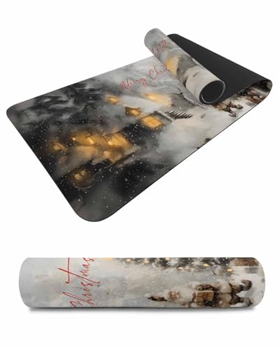 Debedcor Heat Proof Table Pads Waterproof Decorative, Merry Christmas Non-Slip Table Countertop Protector, Rustic Xmas Santa Trees Snowing Insulation Mat for Dining Room, 48 x 12 Inches