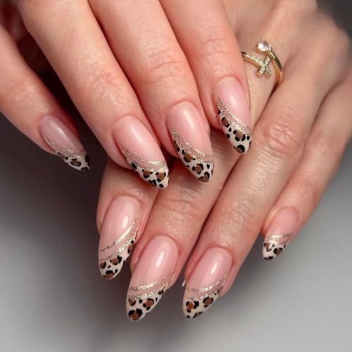 Image of Leopard Print French Tip Press on Nails Medium Almond Fake Nails for Women | Gold Glitter Line Nail Press ons Glossy Full Cover False Nail with Design Fall Stick on Nails for Women Manicure 24Pcs