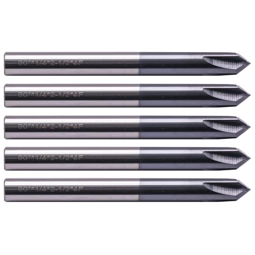Image of 4 Flute 90 Solid Carbide Chamfer End Mill Set(5Pcs, 1 /4 inch), AlTiN Coated | 90 Chamfer Angle, 1 /4 inch Shank 2-1 /2 inch OAL, Single End, V Groove Router Bit, for Milling Alloy Steel, Carbon Steel, Cast Iron