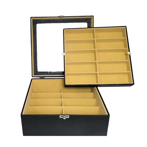 Estojo Porta Óculos 20 Casulos Preto Com Interno Aveludado Bege Caixa Organizador Maleta Moderna