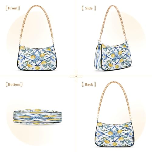 Image of Shoulder Bags for Women Vintage Yellow Lemon Fruit and Blue Print Hobo Tote Handbag Small Clutch Purse with Zipper Closure