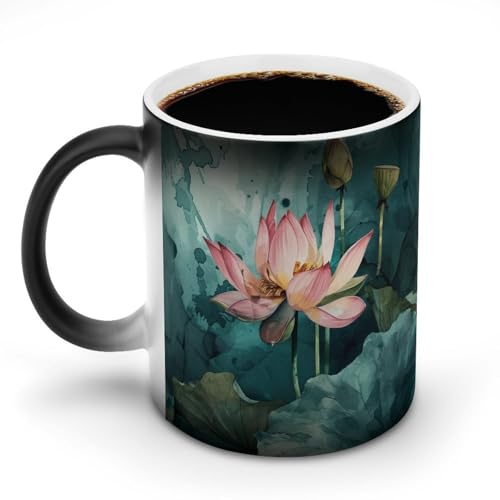 ほっそりと咲く蓮の水墨画マグカップ 変色カップ 魅力的な花 イラストアート コーヒーカップ 高級 おしゃれ 人気 誕生日プレゼント ギフト 贈り物 彼女 妻 友人 家族 愛する人への素敵なプレゼント バレンタインデー 結婚記念日 プレゼント 350ml