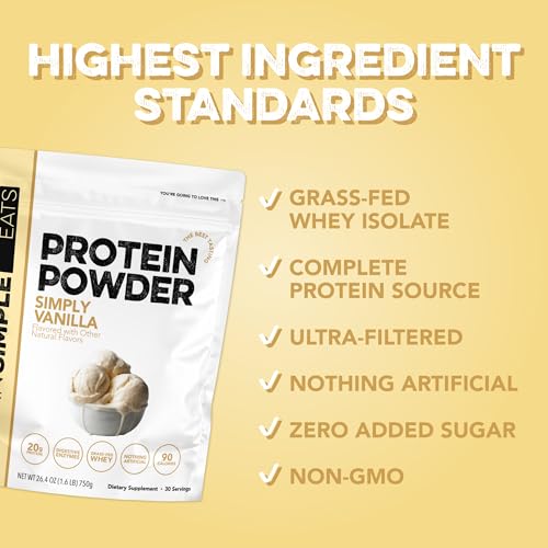 Image of Clean Simple Eats Whey Isolate Protein Powder, Simply Vanilla, Naturally Sweetened, Zero Added Sugar, 20g 100% Grass Fed Protein Powder with Digestive Enzymes, Gluten Free, Non GMO, 30 Servings