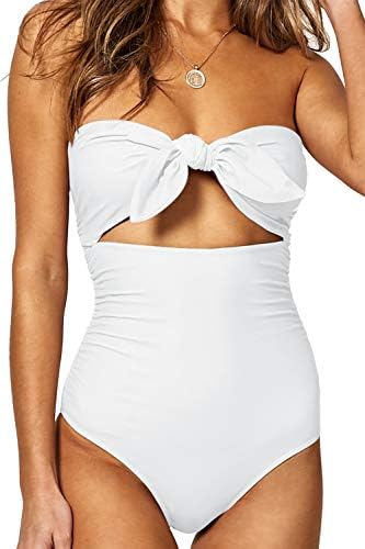 Women's Beandeau Tie Knot Front Cut Out High Waist One Piece Swimsuits