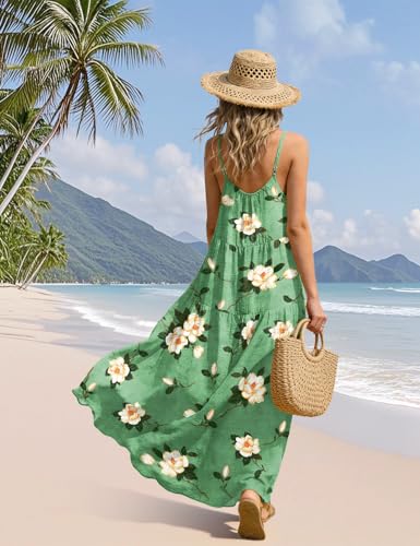 Image of YESNO Summer Bohemian Floral Dresses for Women Spaghetti Straps Maxi Dress Casual Flowy Dresses with Pockets ES0