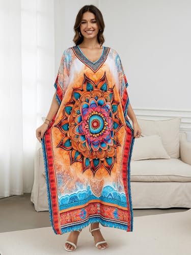 Image of IMAGEKOPE Women's Plus Size Loose Fit Moroccan Print V-Neck Batwing Kaftan Beach Dress Bathing Suit Cover Up