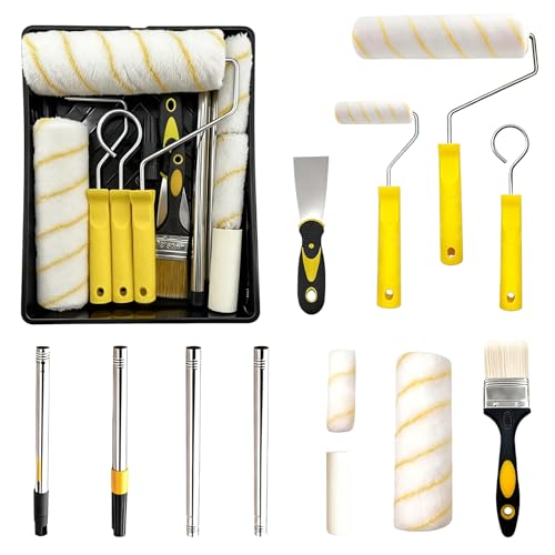 Juego de rodillos de pintura, juego de 15 rodillos de pintura con barra de extensión, bandeja de pintura, cepillo de pintura, rodillo de pintura de 4 y 9 pulgadas para pintar paredes, bordes, techos