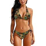 KOYI Peacock Feather Leopard Print Bikini Set for Women, Two Piece Swimsuit with Peacock Pattern for Summer Beach Swimwear,Medium