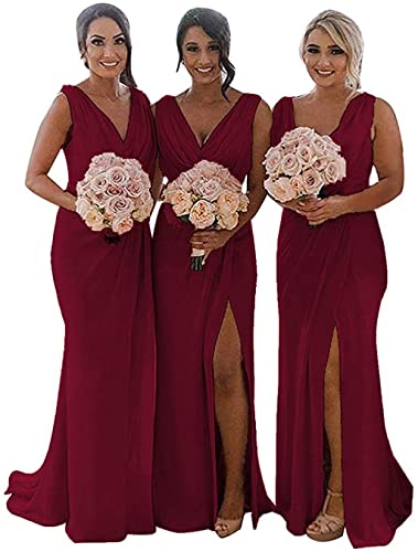 KURFACE Doppelter V-Ausschnitt Hochzeit Brautjungfernkleider Lange Trauzeugin Kleid Chiffon Formal Abendkleider für Frauen, weinrot, 38