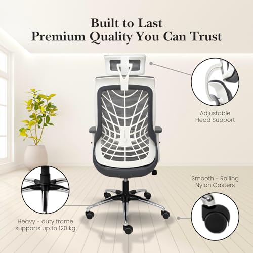 Image of activa Cyber Ergonomic High Back Office Chair | Mesh Computer Chair with Adjustable Headrest | Lumbar Support | Armrest & Swivel Wheels | Comfortable Chair for Home /Office /Study /Gaming (White Grey)