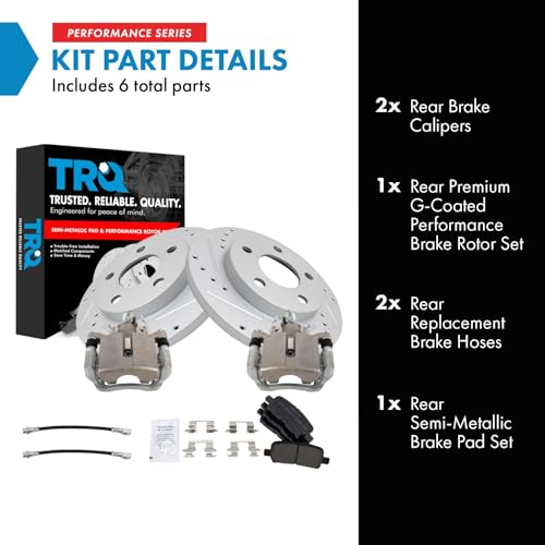 Image of TRQ Performance Rear Brake Pad and Rotor Set Semi Metallic Slotted Drilled G Coated Rotors Calipers Compatible with 2004 Pontiac Grand Prix