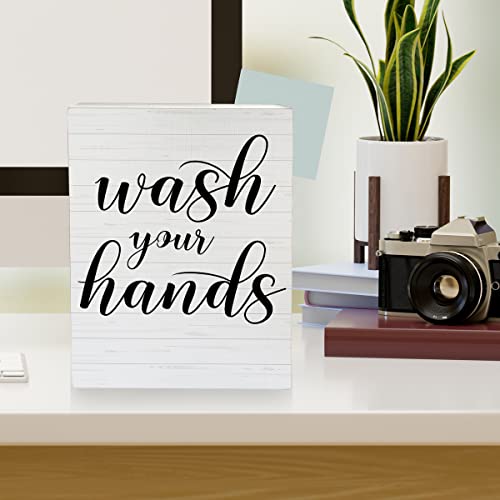 Farmhouse Wash Your Hands Wooden Box Sign Bathroom Wood Block Tabletop Sign Decorative Desk Sign Home Bathroom Shelf Decor 5.8 X 7.8 Inches #TOP3