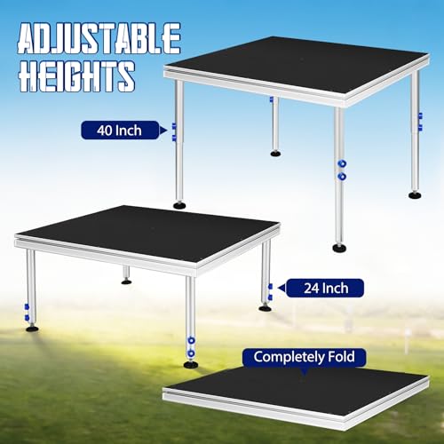 Image of 4x4ft Portable Stage Platform, 1900LBS Load Heavy Duty Aluminum Stage Riser, Adjustable Height 24 inch-41 inch Folding Modular Stage Deck, Anti-Slip Surface for Concerts, Weddings, DJ, Events, Commercial Use