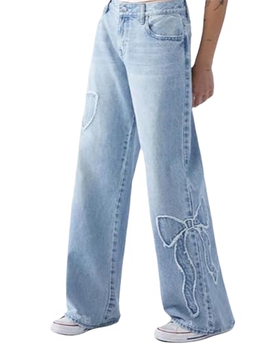 cffvdiz Women's Baggy Wide Leg Jeans High Waist Side Raw Edge Bow Y2k Straight Jean Denim Pants