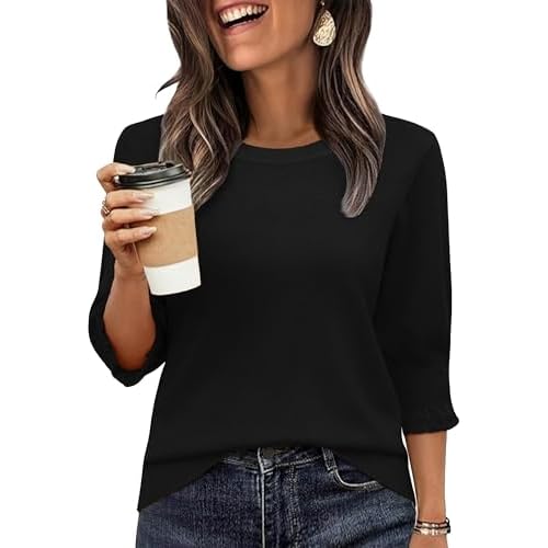 Totatuit Women 3/4 Pleated Sleeve Sweaters Casual Crew Neck Lightweight Knit Sweater Top Loose Basic Business Clothes