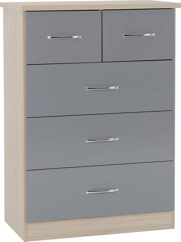Seconique Nevada 3+2 Drawer Chest - Grey Gloss/Light Oak Effect Veneer - 5 Drawers - H115.5cm x W81cm