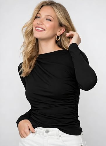 Image of SIGHTBOMB SOFTLINE Boat Neck Low Neck Drape Look Gathered Waterfall Afford LUX Edition Formal WEAR Long Sleeve Feather Touch TOP for Women