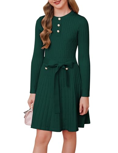 GRACE KARIN Elegante vestido de suéter hasta la rodilla para niña, vestido de fiesta acampanado, manga lagnar, con cinturón, verde oscuro, 12 años