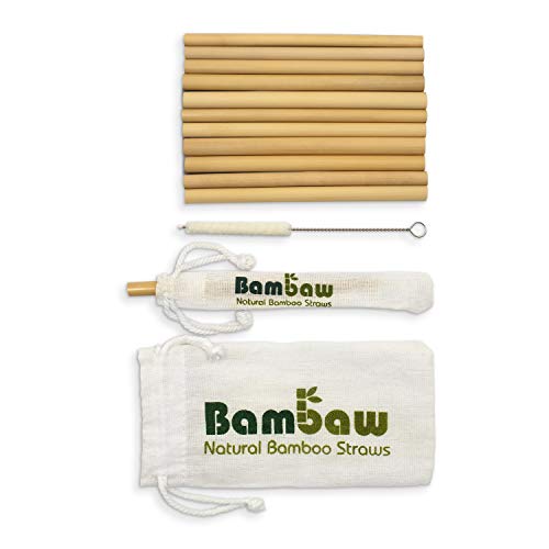 Pajitas de Bambú | Pajitas Reutilizables | Fabricadas en Bali | Pack 12 Pajitas Biodegradables | Pajitas Cócteles | Pajitas Largas | Incluye Cepillo de Limpieza y Bolsa de Jute | Bambaw (13 cm)