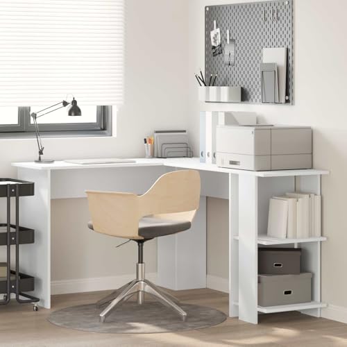 Kangardius Escritorio esquinero blanco de madera 140 x 113,5 x 75 cm con estante, espacio de almacenamiento para oficina, PC, ordenador portátil y juegos, ahorra espacio, ergonómico, ideal para