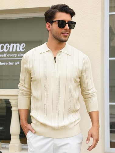 Esabel.C Mens Knit Polo Shirts Long Sleeve Quarter Zip Collar Textured Sweater Business Casual Golf Shirts3