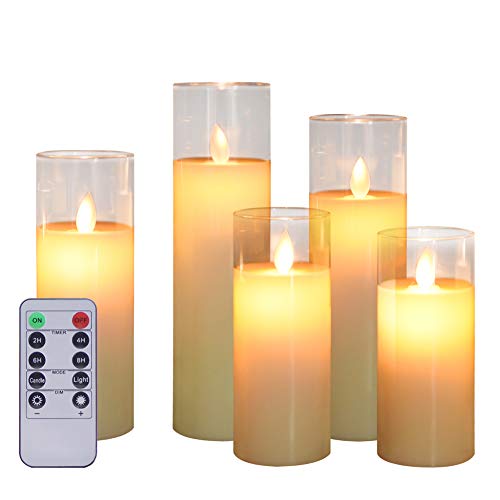 ACROSS Flickering Flameless Candles Battery Operated Pillar Real Wax Moving Wick LED Glass Candle Sets with Remote Control Timer for Halloween Holiday Christmas Wedding Party, 5