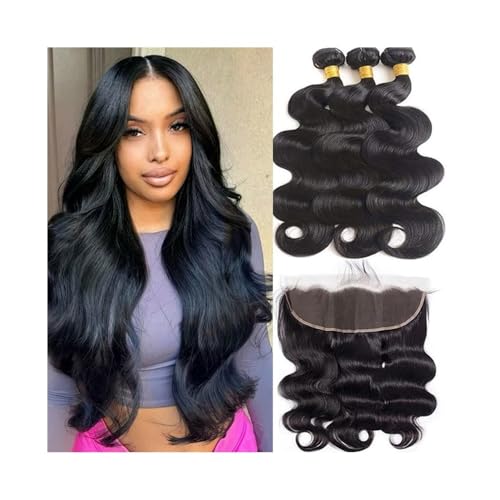 Paquetes de Cabello 3 paquetes de cabello humano brasileño sin procesar con ondas corporales y frontal, con encaje frontal de 13x4 con parte libre y cabello de bebé pre-arrancado. Extensiones de Cabel