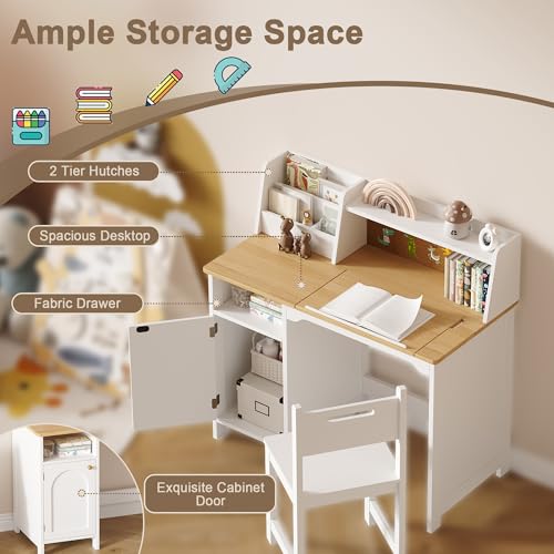 Image of Treocho Kids Study Desk and Chair Set, Kids Desk with Hutch and Tiltable Desktop for 3-8 Years Old, Wooden Children Study Table with Storage Cabinet, Student Writing Desks, Home School, Natural