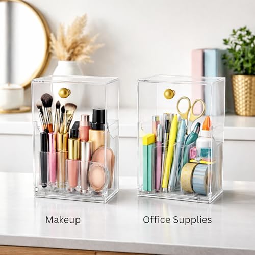 Image of KiZY Luxury Clear Acrylic Lipsstic Nail Polish Makeup Brush Organizer | Elegant Multi-Compartment Makeup & Desk Storage Box for Vanity or Office (Big)