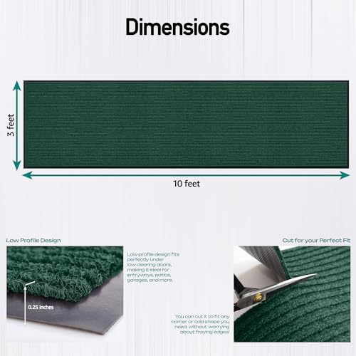 Image of Durable Rubber Door Mat - Heavy Duty, Indoor /Outdoor, Easy Clean, Waterproof, Low-Profile Mat for Entry, Patio, Garage - Stylish (Green, 10' x 3' (Mud Trapper))