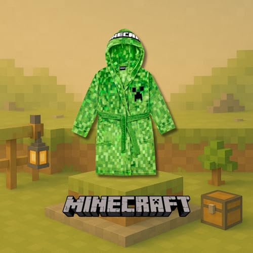 Minecraft Bademantel Kinder Jungen Fleece Morgenmantel mit Kapuze Creeper Design (as3, numeric, numeric_152, regular, Grün)