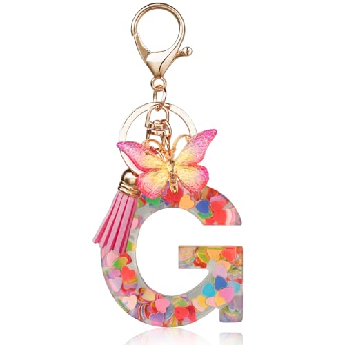 OSDUE Llavero de Letras y Mariposa Rosa   Colgante de Borla, Lentejuelas de Amor, Iniciales, Resina   Para Mujeres y Niñas, Dije para Bolso