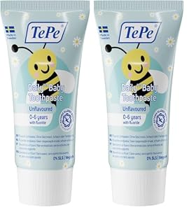 TePe Daily Baby Zahnpasta, geschmacksneutral, 0-6 Jahre, sanfte Fluoridzahnpasta für Babys zur Vorbeugung von Karies, altersgerechter Fluoridgehalt (Packung mit 2)