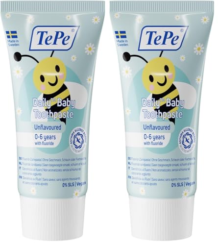 Dentifricio TePe Daily Baby, senza aromi aggiuntivi, 0-6 anni, dentifricio quotidiano delicato al fluoro per bimbi piccoli per aiutare a prevenire la carie, livello di fluoro adeguato all'età