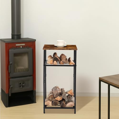 Firewood Rack Indoor 32.3 Inch 2-tier Firewood Holder Indoor Outdoor Coffee Table with 4 Hook Adjustable Feet Pads Functional Vertical Wood Storage Log Rack for Fireplace Deck Outdoor Stove Accessory