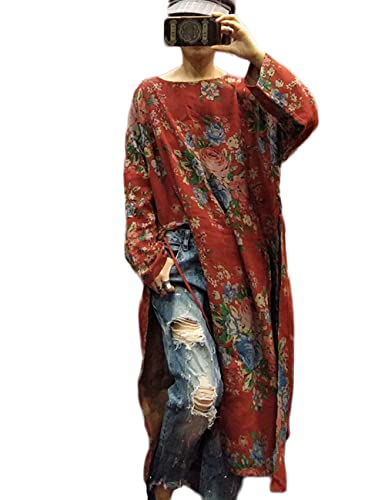 NFYM Women Vintage Floral Print Dress Cotton Long Sleeve Side High Split Drawstring Loose Robe Dress